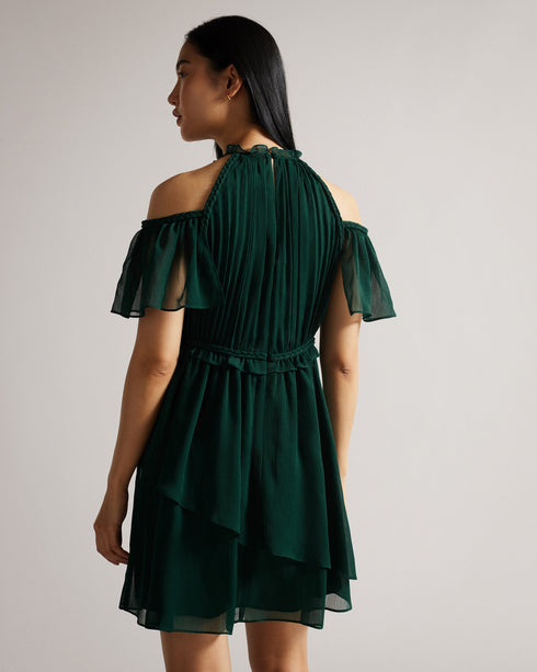 POPPIO-Dresses-Turn heads in POPPIO. Crafted from a lightweight material with a slightly sheer effect, this playful mini dress features a tiered skirt and braided trims that accentuate the look. Pair it with statement jewellery for added drama.The fabric of this product is made with 55% recycled polyester. Using recycled polyester helps divert plastic waste from ending in landfills. Mini dress Rope details High neck Short sleeves Cold shoulder Tiered skirt Concealed fastening Chae is 5'9.5" / 1.77m and wear